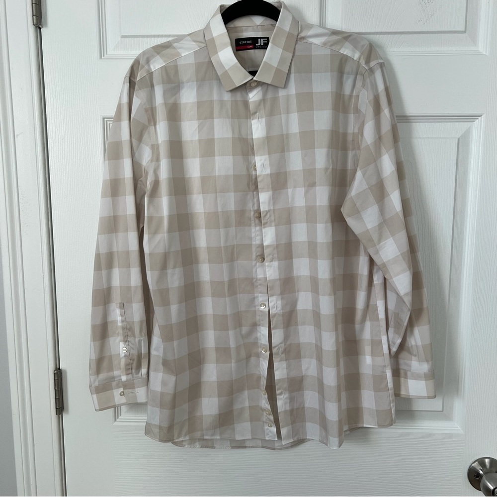 jf j.ferrar Beige and White Plaid Dress Shirt